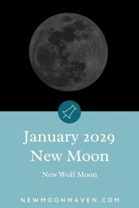 Dark photo of the moon for the January 2029 New Moon, the new moon in Capricorn and the New Wolf Moon
